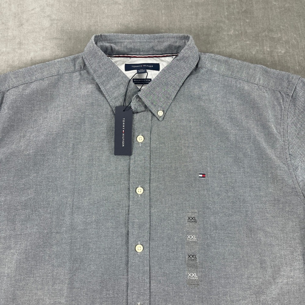 Tommy Hilfiger Mens XXL Grey Short Sleeve Button Down Regular Fit Stretch Shirt - Picture 2 of 7